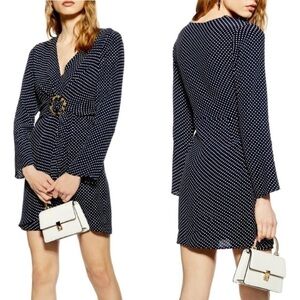 🌸 3/$20 Topshop Navy Blue Polka Dot Long Sleeve Wrap Mini Dress Size 6